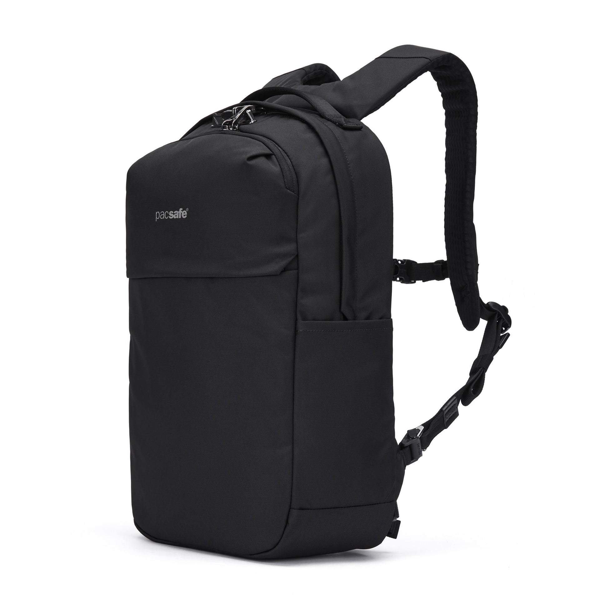The Pacsafe® V 20L Anti-theft City Backpack features recycled polyester, padded straps, and a laptop sleeve.