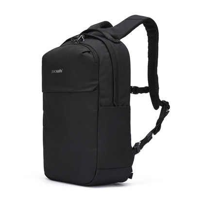 The Pacsafe® V 20L Anti-theft City Backpack features recycled polyester, padded straps, and a laptop sleeve.