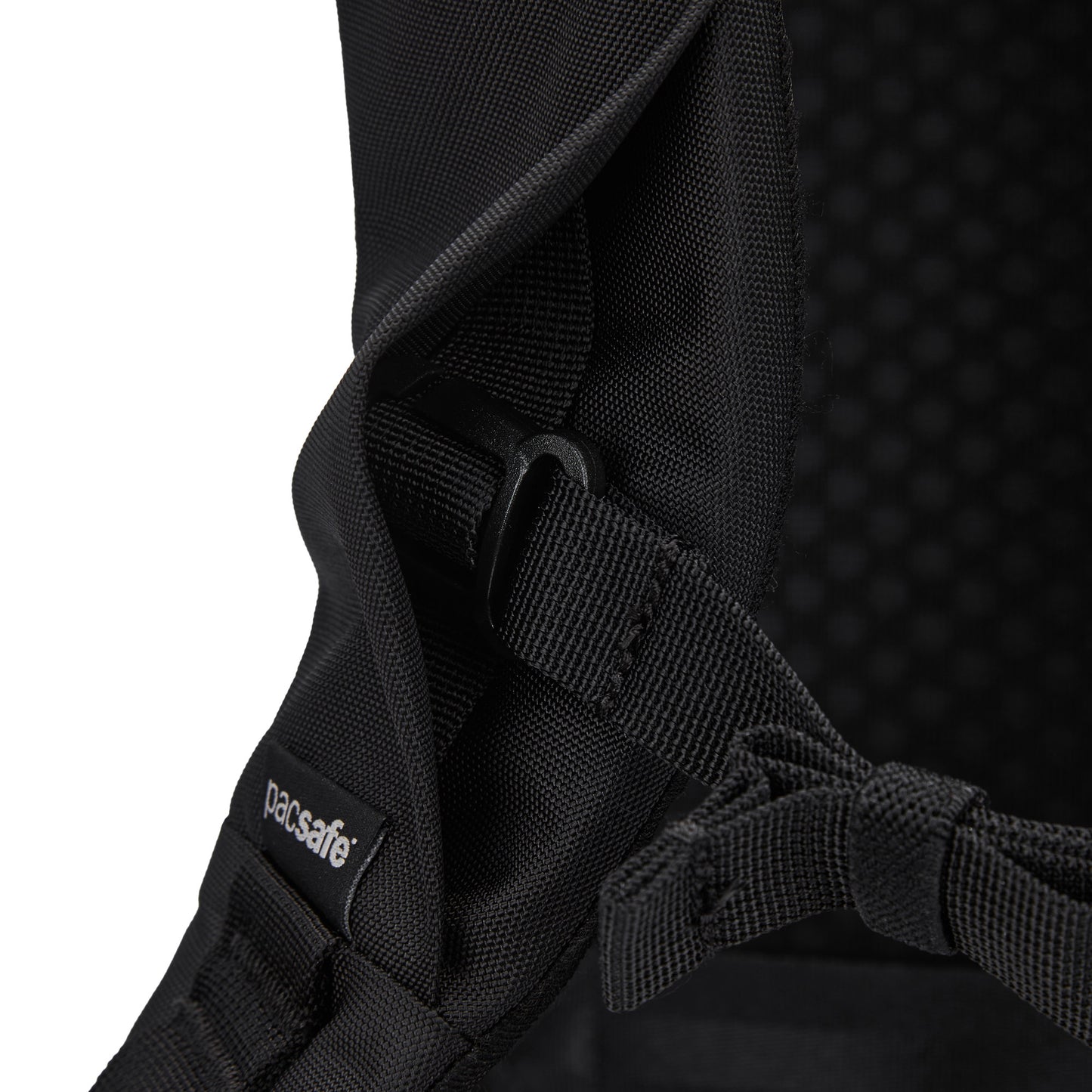 Close-up of Pacsafe® V 20L Anti-theft City Backpack strap with buckle, stitching & recycled polyester.
