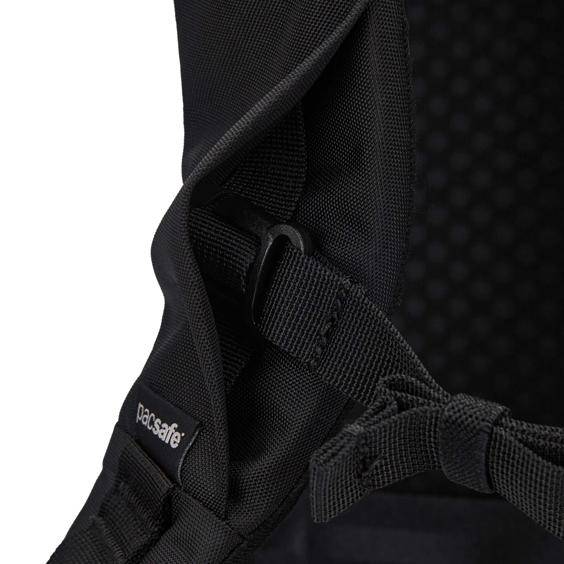 Close-up of Pacsafe® V 20L Anti-theft City Backpack strap with buckle, stitching & recycled polyester.