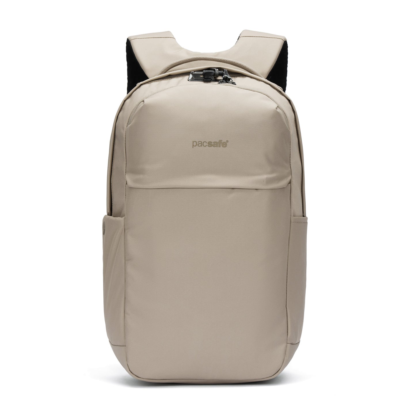 Pacsafe® V 20L Anti-theft City Backpack in beige with padded laptop sleeve, front and side pockets.