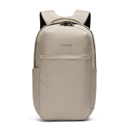 Product Image – Pacsafe® V 20L Anti-theft City Backpack in beige with padded laptop sleeve, front and side pockets.