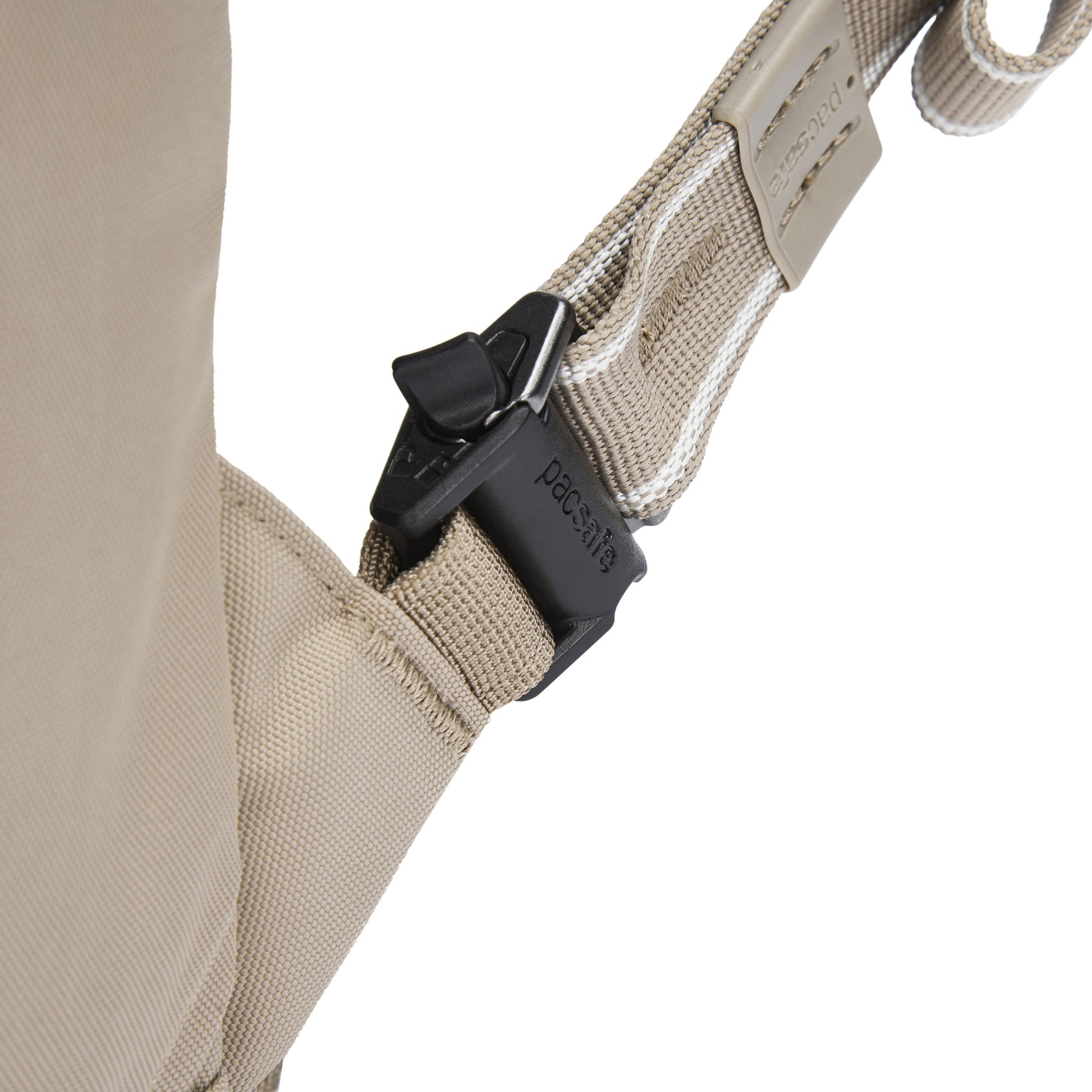 Close-up of Pacsafe® V 20L Anti-theft City Backpack strap with black Pacsafe buckle and reinforced stitching.
