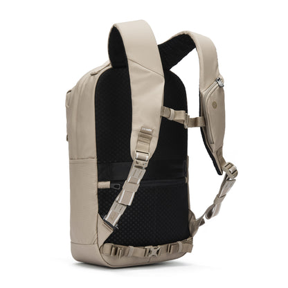 Side view of the Pacsafe® V 20L Anti-theft City Backpack with padded back, adjustable straps, and buckles.