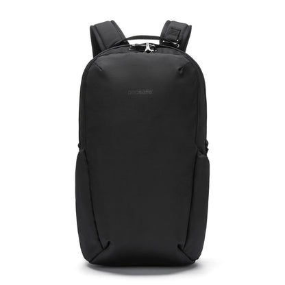 A Pacsafe® V 24L black anti-theft backpack with minimalist design, padded straps, and laptop sleeve.