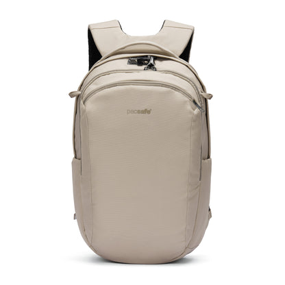 Pacsafe® V 26L Anti-theft Tour Backpack in beige with padded straps, made from recycled polyester.