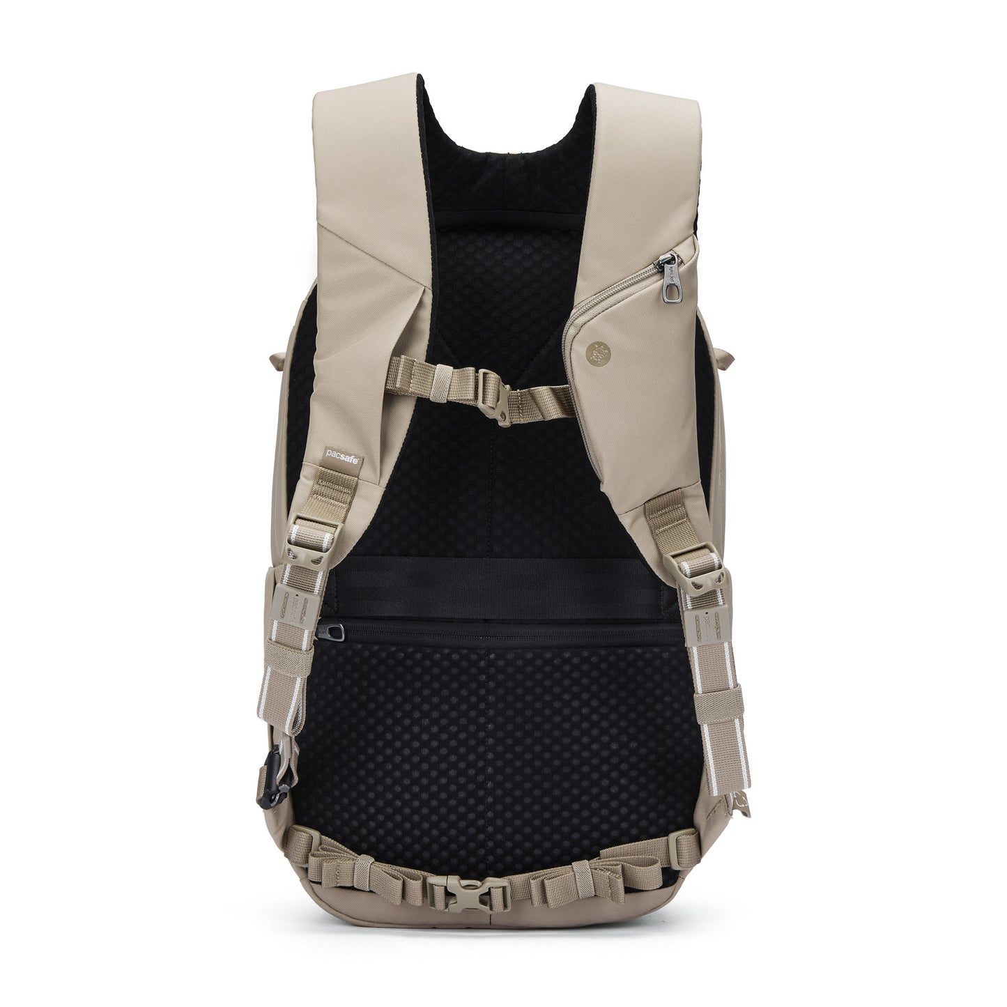 Pacsafe® V 26L Anti-theft Tour Backpack in beige shown from the back with padded straps and mesh back panel.