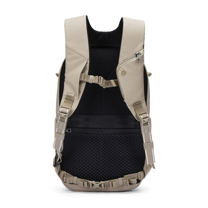 Pacsafe® V 26L Anti-theft Tour Backpack in beige shown from the back with padded straps and mesh back panel.