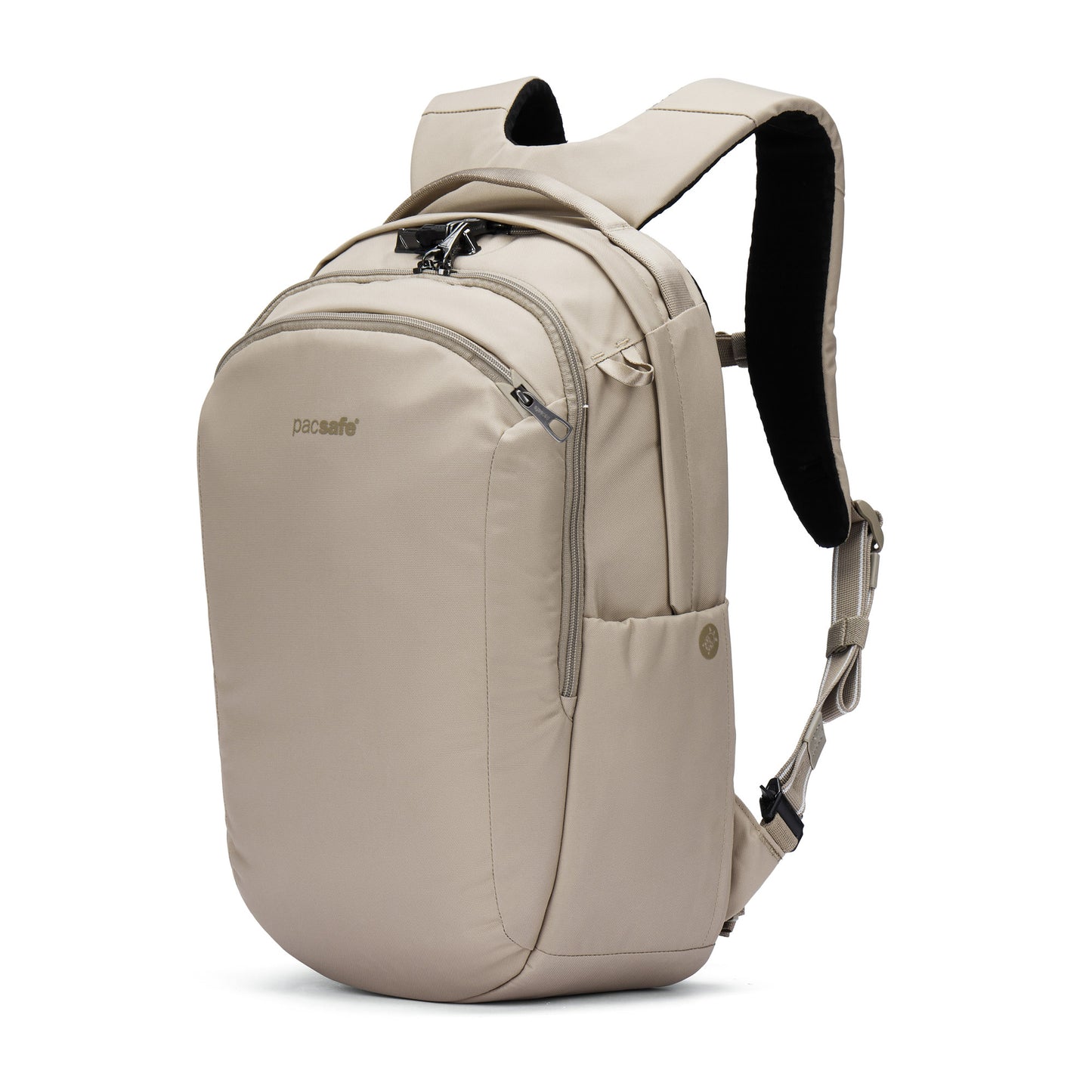 Pacsafe® V 26L Anti-theft Tour Backpack in beige with front zipper, side pocket & adjustable straps.