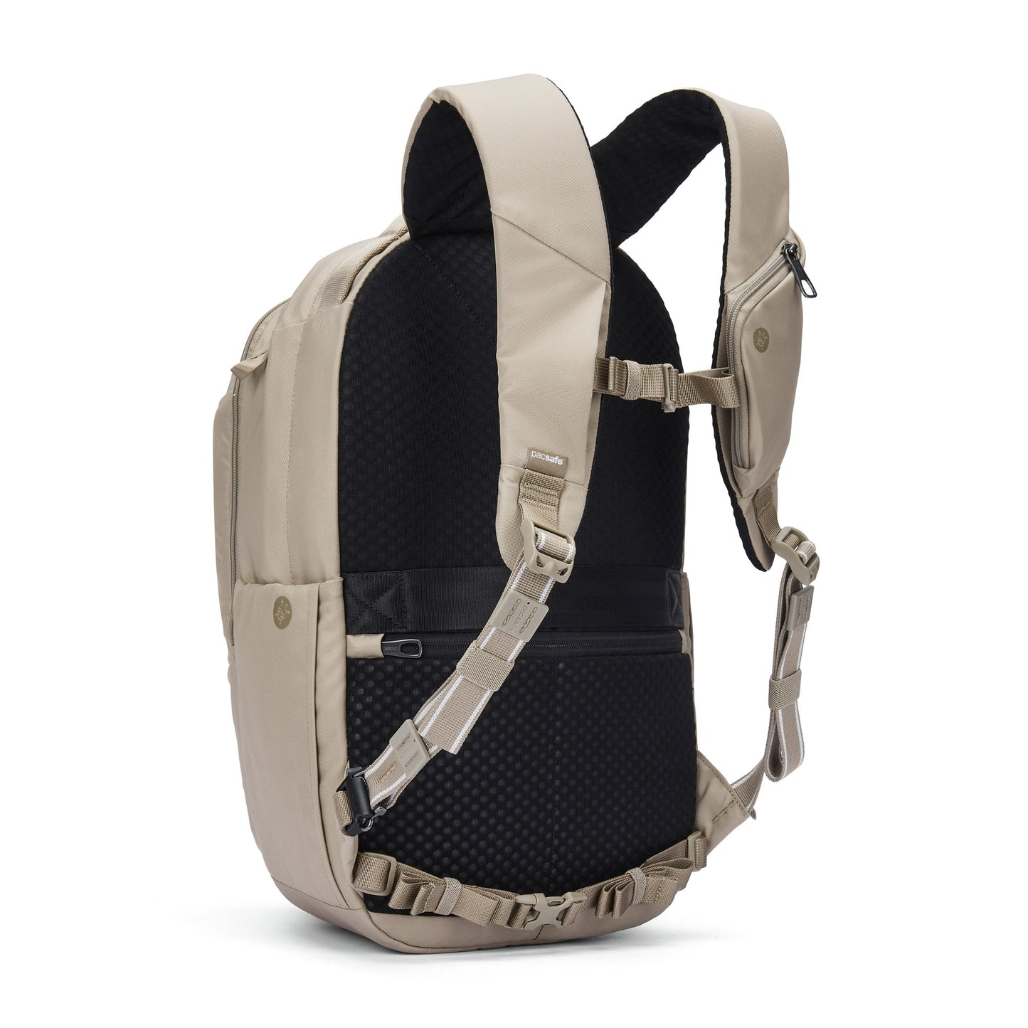 Pacsafe® V 26L Anti-theft Tour Backpack in beige/black with padded straps, zip pocket, recycled polyester.