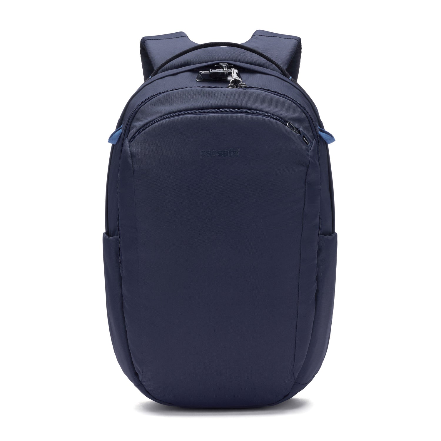 The Pacsafe® V 26L Anti-theft Tour Backpack by Pacsafe is navy blue with two straps, top handle, and zip pockets.