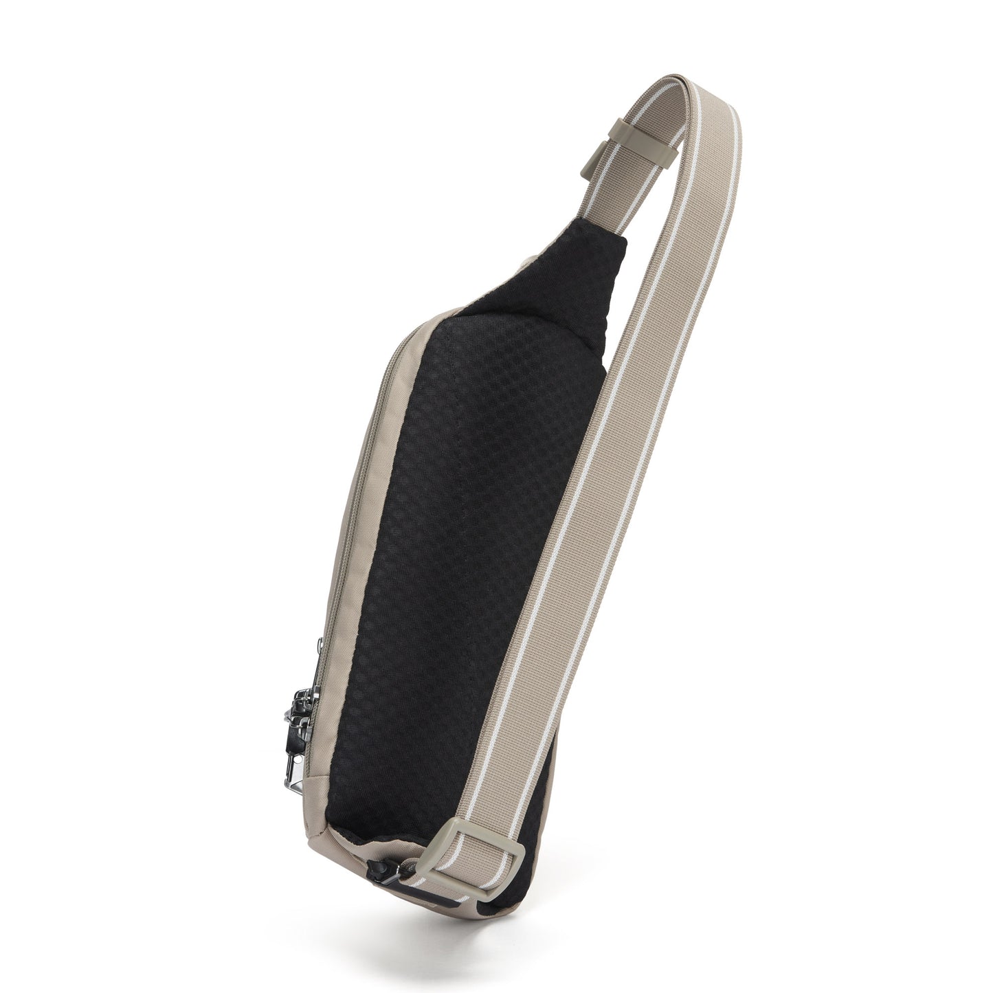 The Pacsafe® V sling pack, in beige texture, features an adjustable strap, zipper closure, and water repellency.