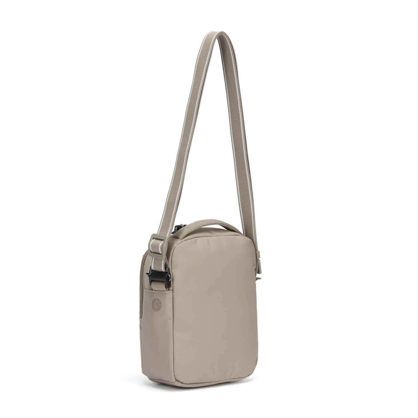Pacsafe® V Anti-theft Companion Crossbody in beige recycled polyester with top handle and adjustable strap, by Pacsafe.