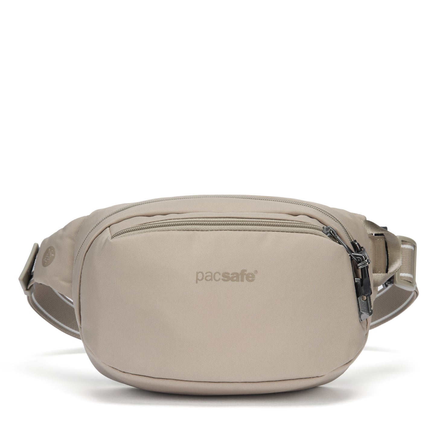 Pacsafe® V anti-theft hip pack in beige with front zipper, strap, and logo, made from recycled polyester.