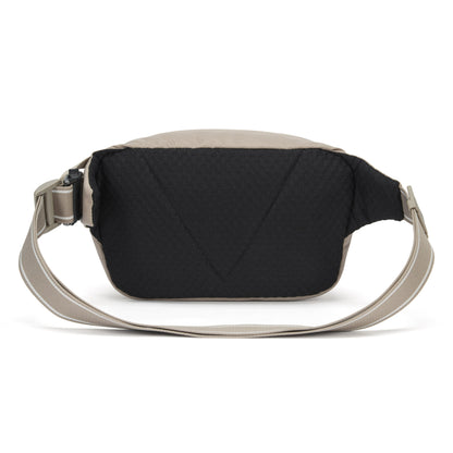 Pacsafe® V anti-theft hip pack in beige, back view.