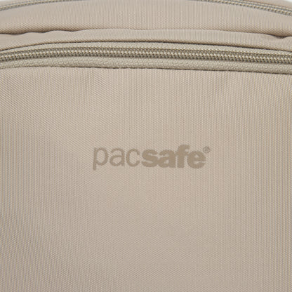 Close up of beige logo on beige hip pack.