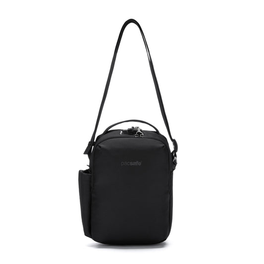 Product Image – The Pacsafe® V Crossbody is black, anti-theft with a top handle, lockable compartments, made from recycled polyester.