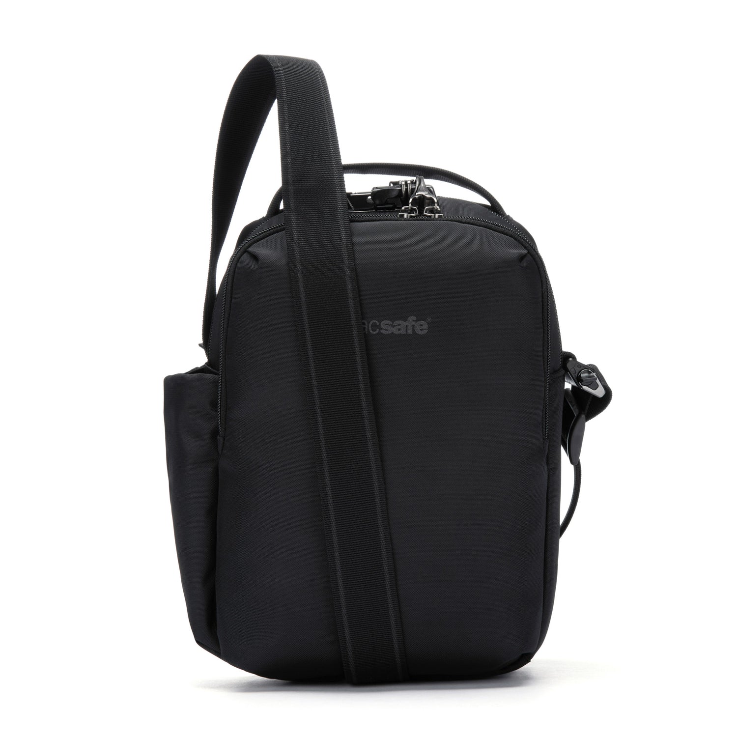 Pacsafe® V Anti-theft Tour Crossbody in recycled polyester with adjustable strap and lockable, zippered compartments.