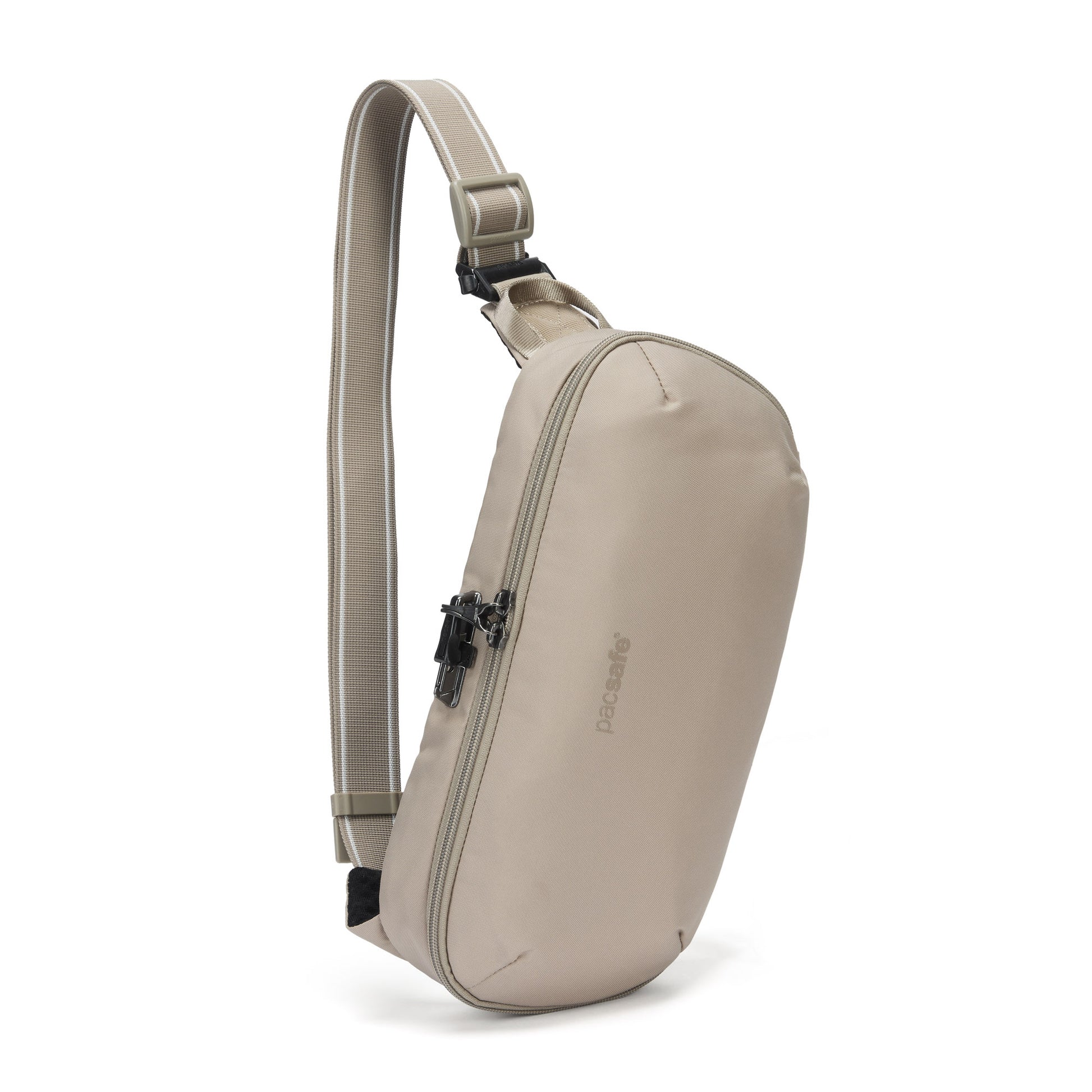 Pacsafe® V Anti-theft Urban Sling by Pacsafe: beige, RFID blocking, zip pocket, adjustable strap.