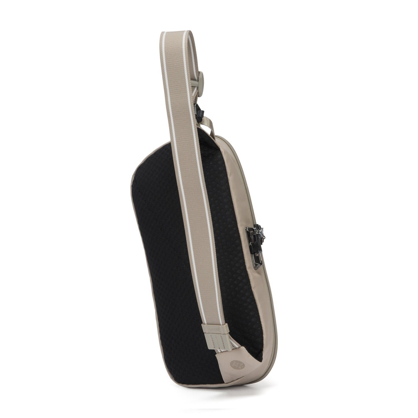 The Pacsafe® V Anti-theft Urban Sling by Pacsafe, in black/beige, with one strap, side view on white.