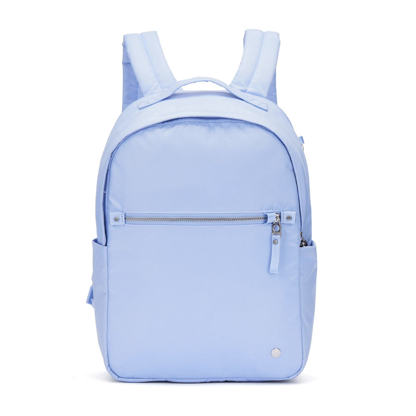 Pacsafe® W 10L Anti-theft Backpack: RFID block, serenity blue, zip and side pockets, padded straps, front view.