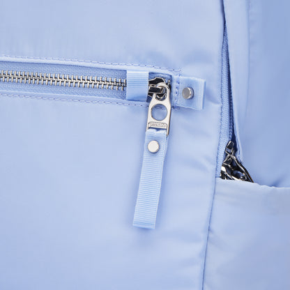 Close up of front zippered pocket with zipper pull through security loop.