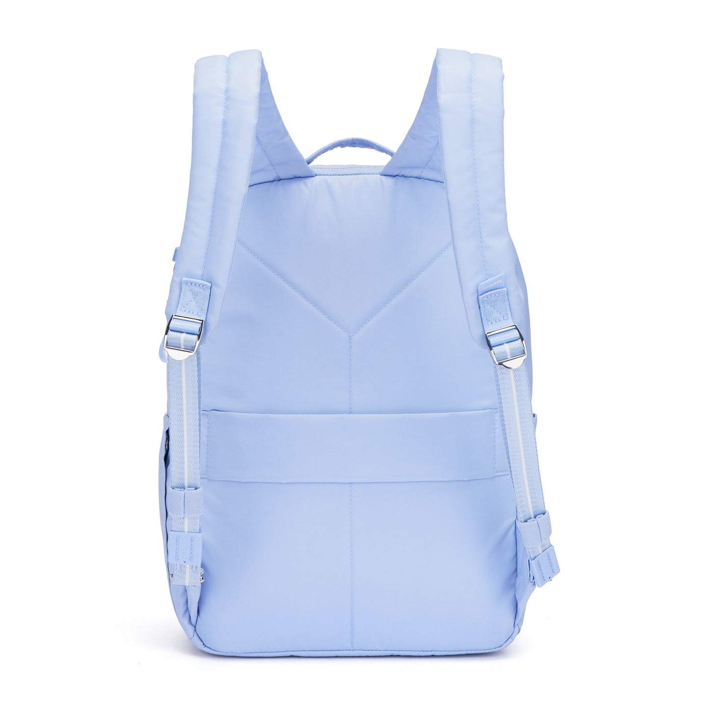 Pacsafe® W 10L Anti-theft Backpack: RFID block, serenity blue, zip and side pockets, padded straps, back view.