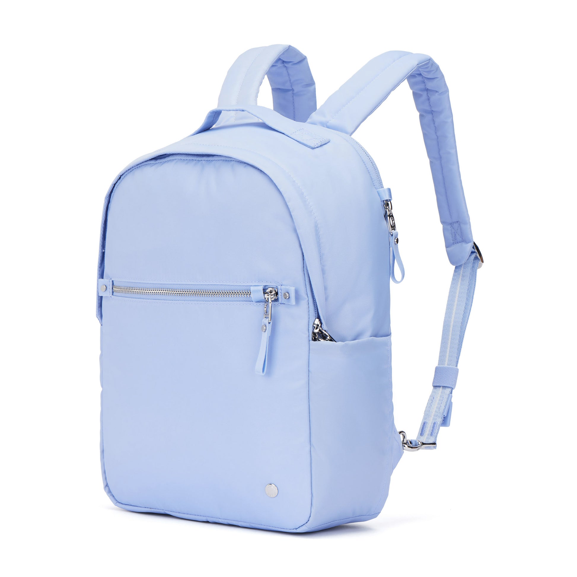 Pacsafe® W 10L Anti-theft Backpack: RFID block, serenity blue, zip and side pockets, padded straps, front angled view.