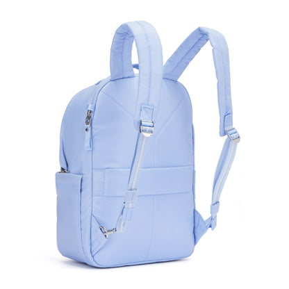 Pacsafe® W 10L Anti-theft Backpack: RFID block, serenity blue, zip and side pockets, padded straps, back angled view.