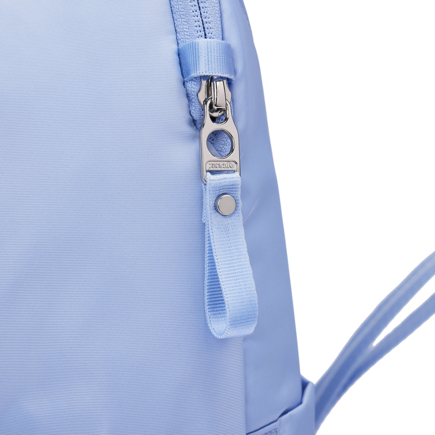 Close up of secured zipper pull on serenity blue backpack.