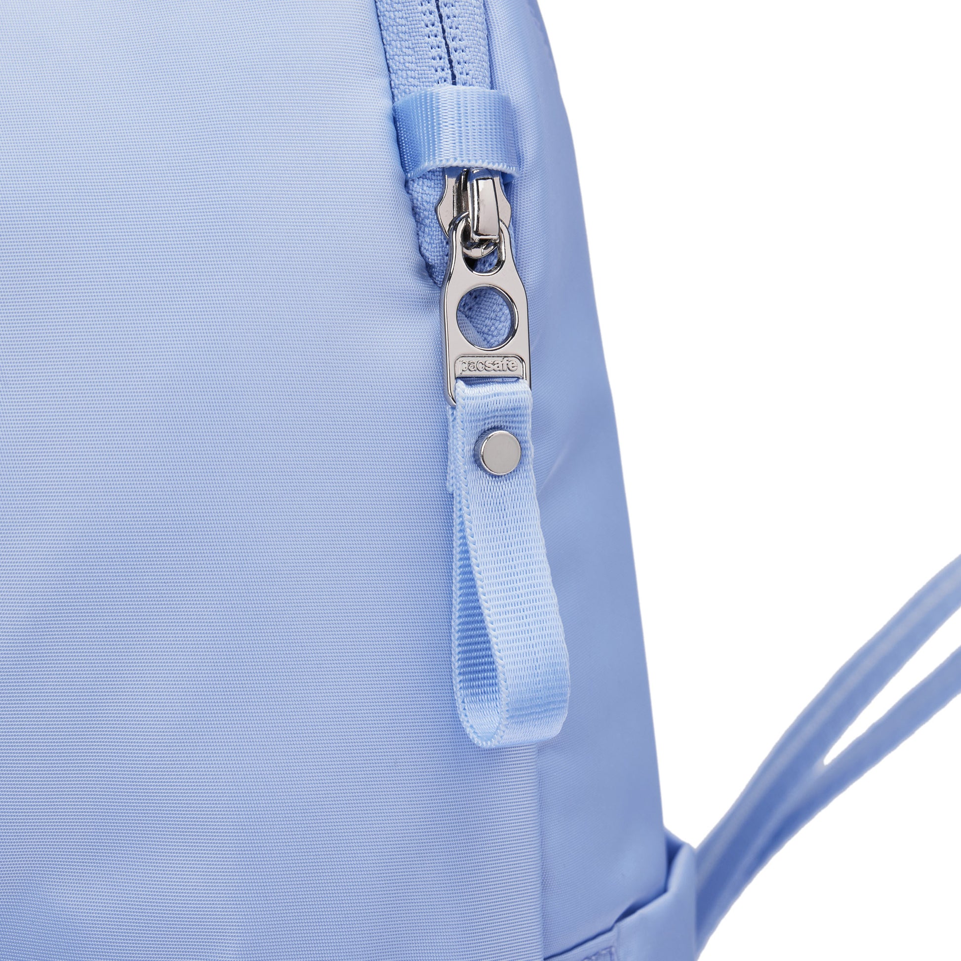 Close up of secured zipper pull on serenity blue backpack.
