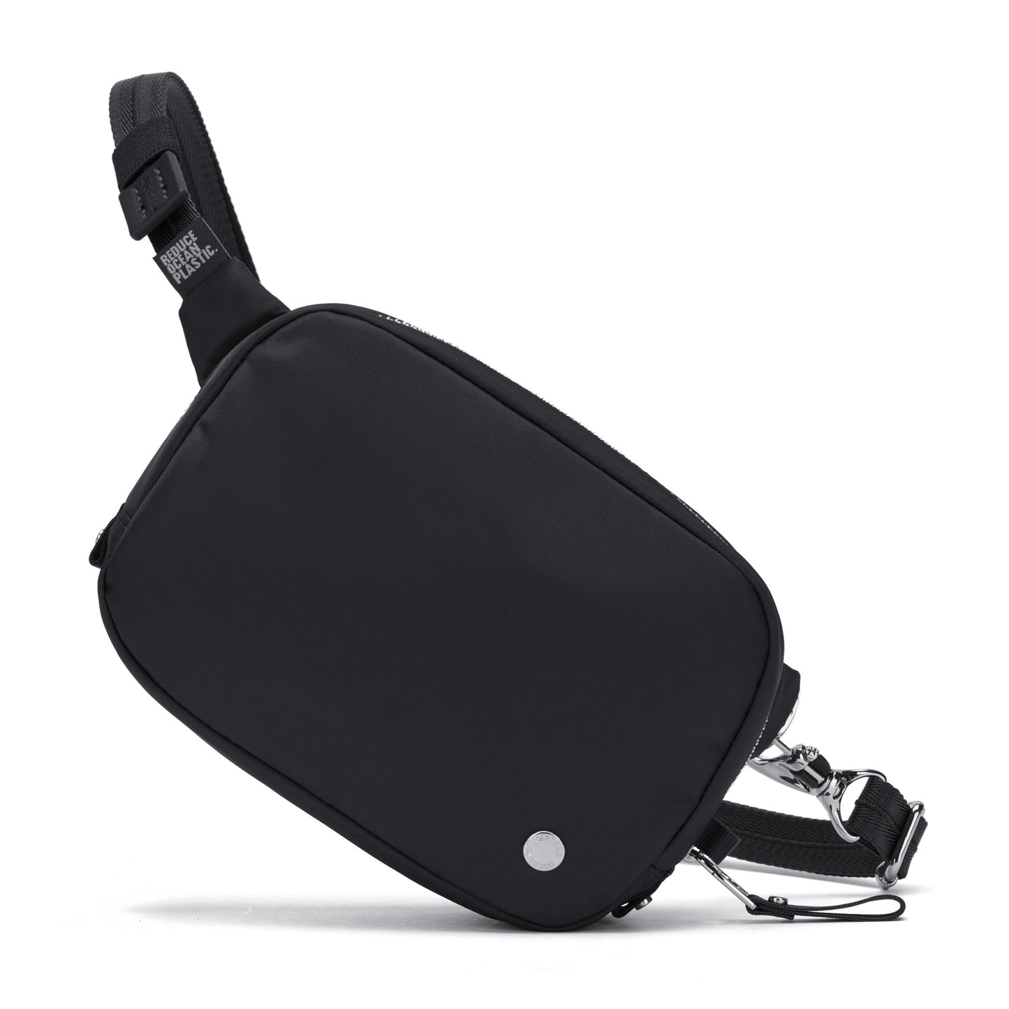 Pacsafe® W Anti-theft Micro Sling by Pacsafe, black with RFID blocking, front zipper, and adjustable strap.