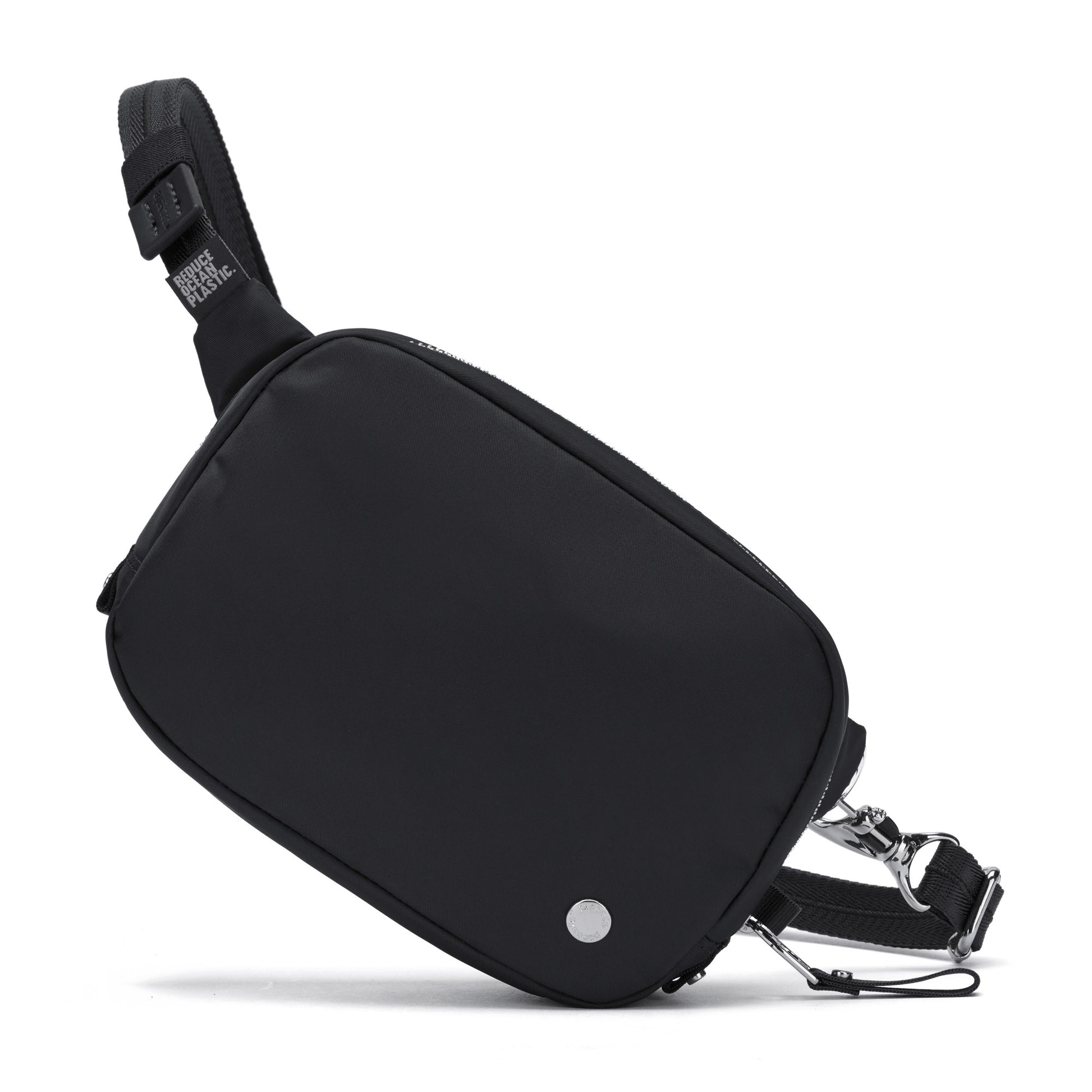 Pacsafe® W Anti-theft Micro Sling by Pacsafe, black with RFID blocking, front zipper, and adjustable strap.