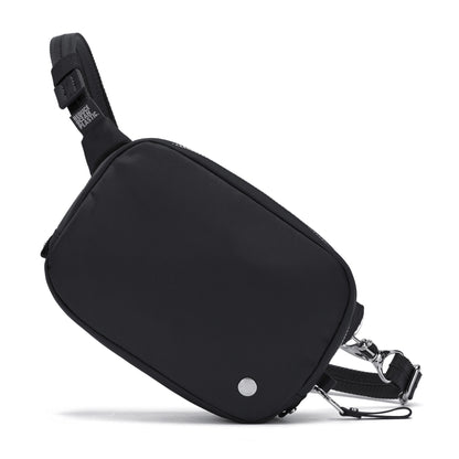 Pacsafe® W Anti-theft Micro Sling by Pacsafe, black with RFID blocking, front zipper, and adjustable strap.