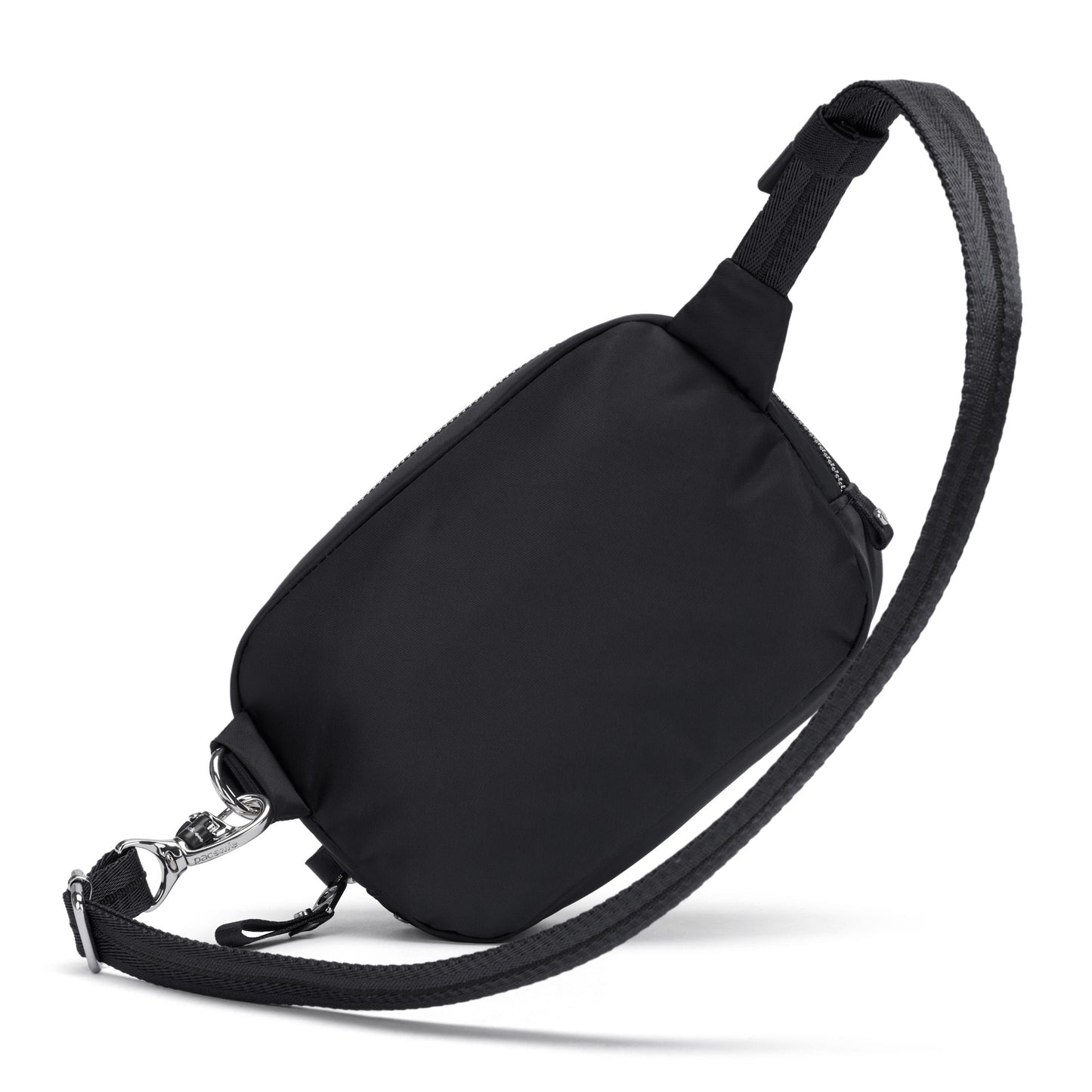 The Pacsafe® W Anti-theft Micro Sling in black features RFID blocking and an adjustable strap, shown on white.