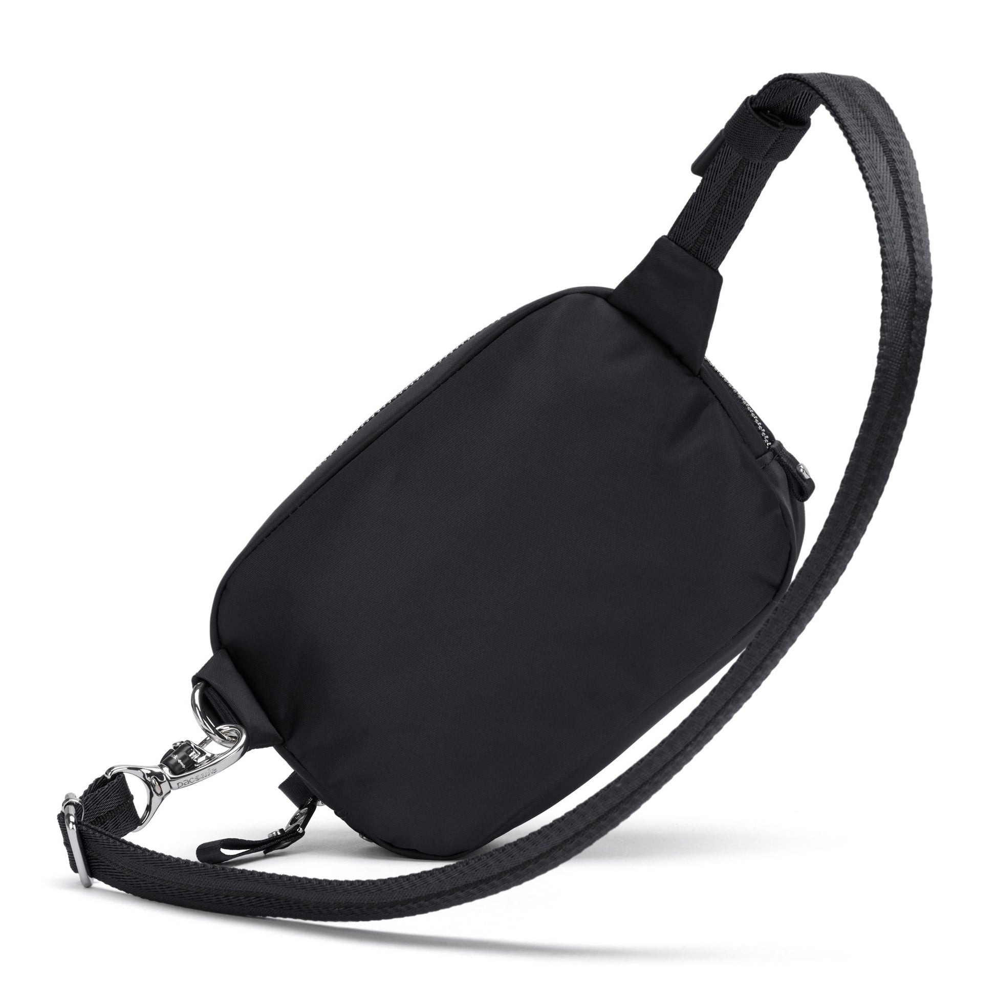The Pacsafe® W Anti-theft Micro Sling in black features RFID blocking and an adjustable strap, shown on white.