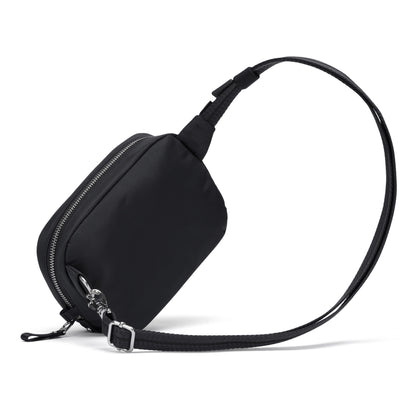 Pacsafe® W Anti-theft Micro Sling, black, with RFID blocking, zippered compartment, and adjustable strap.
