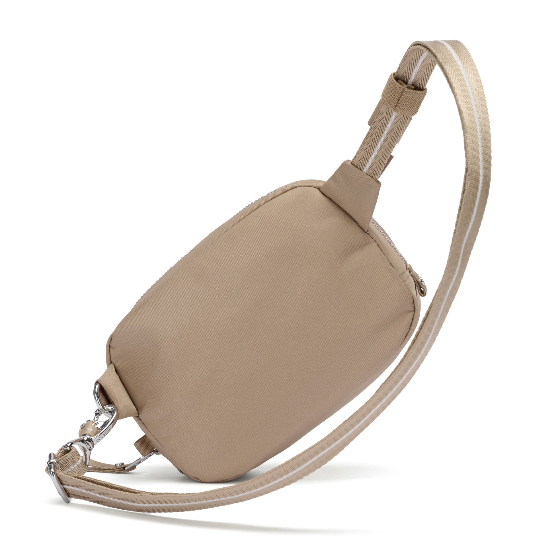 Pacsafe® W Anti-theft Micro Sling in beige recycled polyester, adjustable strap, silver hardware.