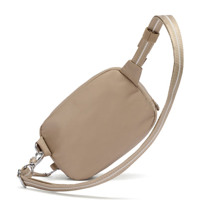 Pacsafe® W Anti-theft Micro Sling in beige recycled polyester, adjustable strap, silver hardware.
