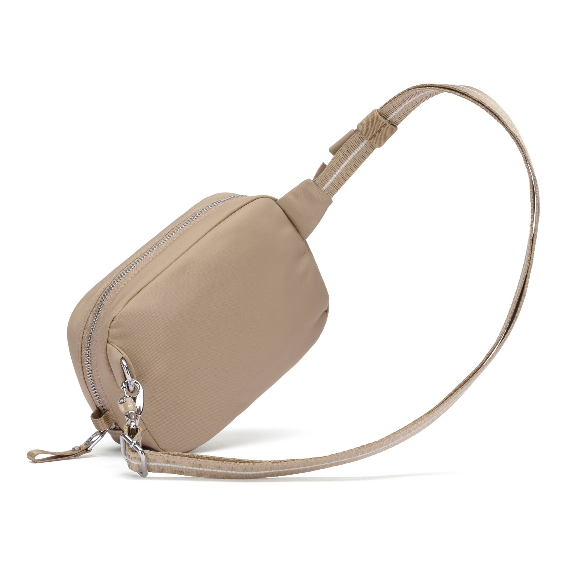 Pacsafe® W Anti-theft Micro Sling by Pacsafe: beige recycled polyester, zipper closure, adjustable strap.