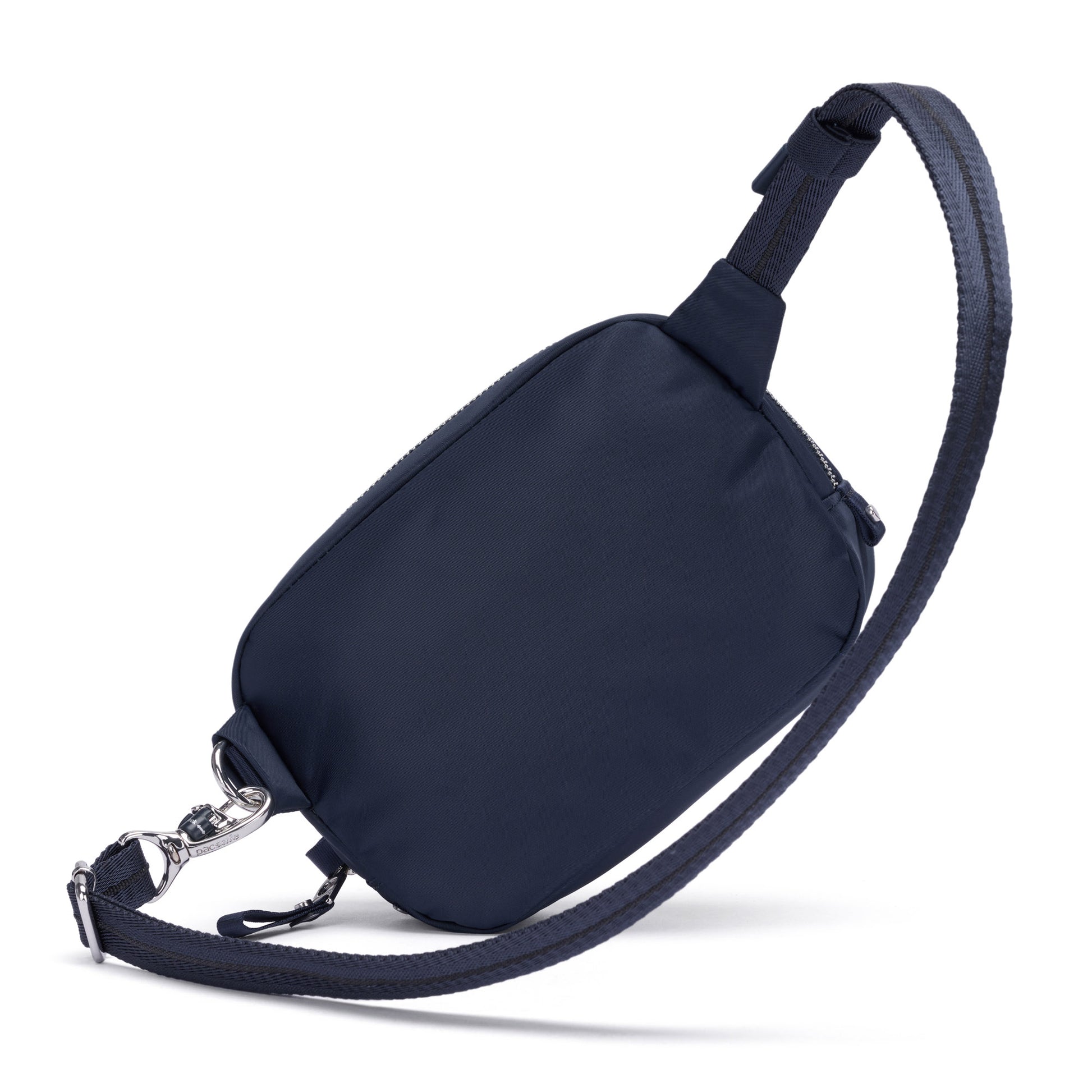 Pacsafe® W Anti-theft Micro Sling in navy blue with RFID blocking, adjustable strap, and silver hardware.