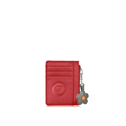 Espe Pastel Card Holder, red, front view with grey flower zipper pull