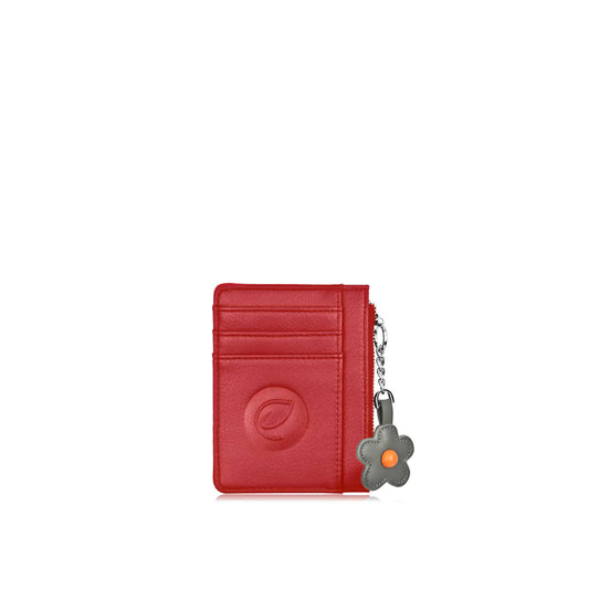 Product Image – Espe Pastel Card Holder, red, front view with grey flower zipper pull