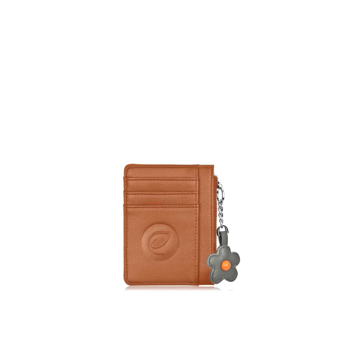 Espe Pastel Card Holder, tan, front view with grey flower zipper pull