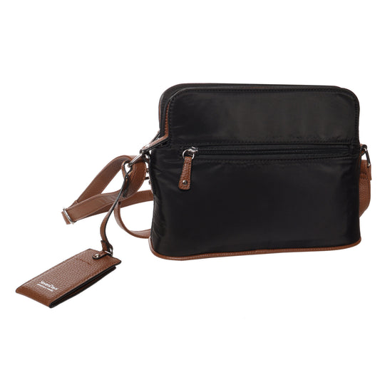 Product Image – Seven Days Silk Floss Nylon Crossbody: black with adjustable strap, brown trim, zip pocket, and mini mirror tag.