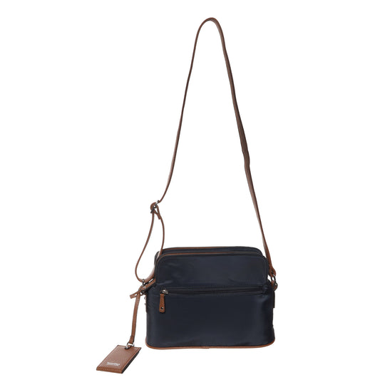 Product Image – Seven Days Silk Floss Nylon Crossbody in navy with triple compartments, brown strap, and leather mirror.