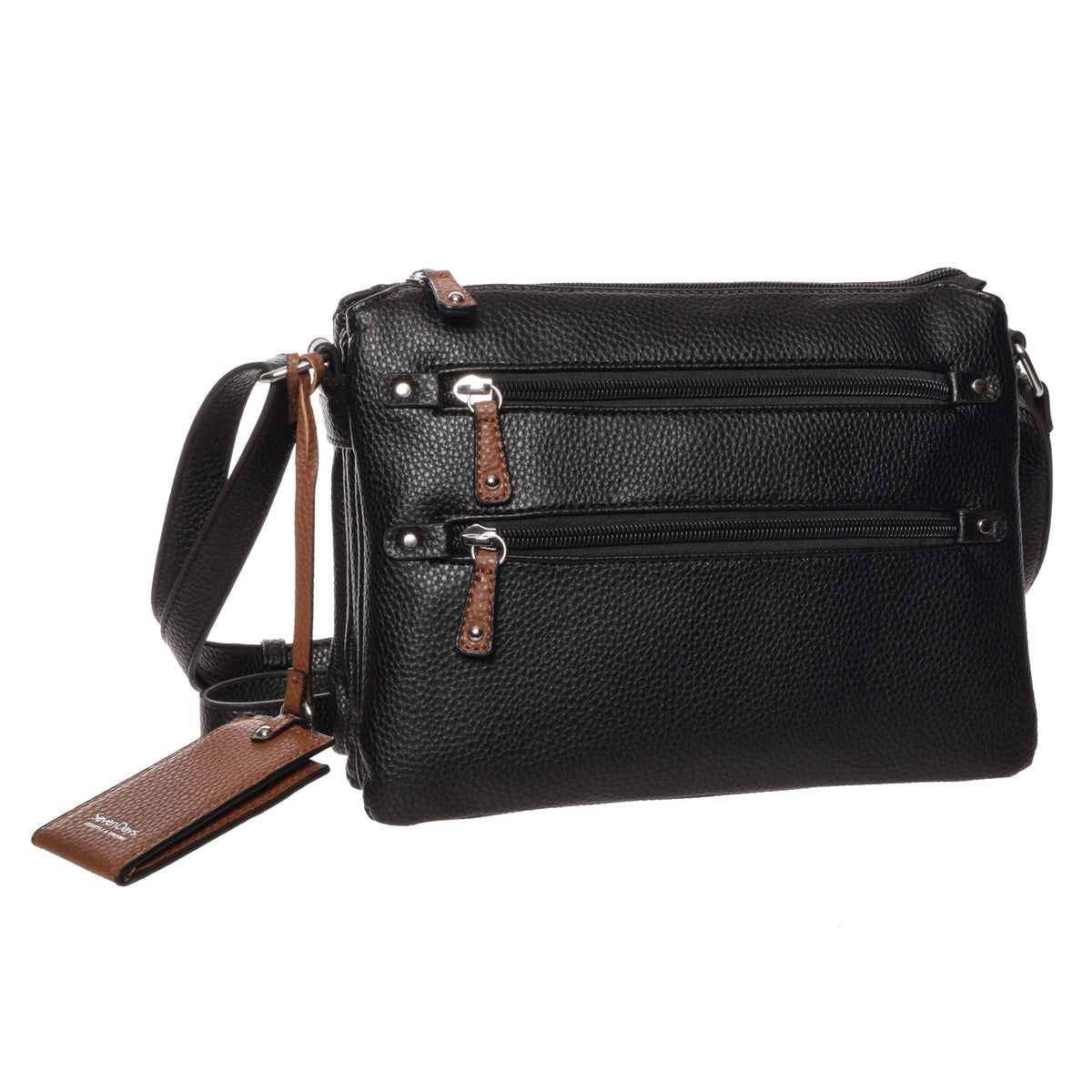 Seven Days Baobab crossbody: black vegan leather, brown accents, 2 zip pockets, and adjustable strap.