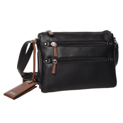 Seven Days Baobab crossbody: black vegan leather, brown accents, 2 zip pockets, and adjustable strap.