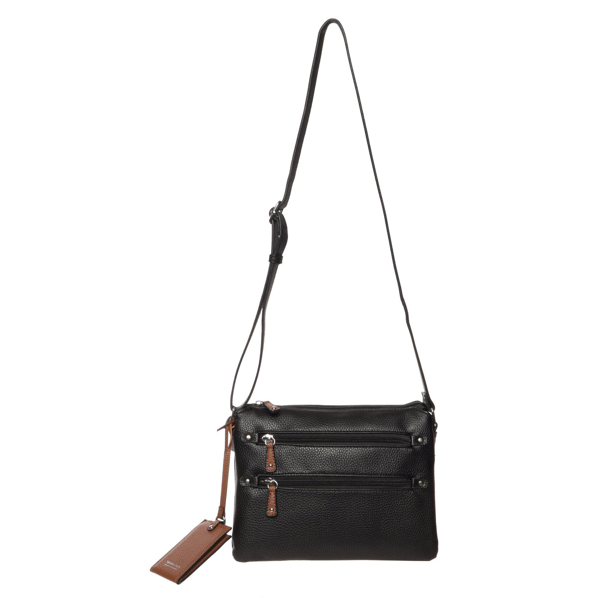 Seven Days Baobab Vegan Leather Crossbody: black bag, brown zipper pulls, adjustable strap, matching luggage tag.