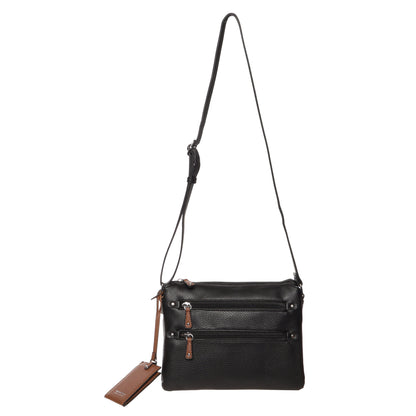 Seven Days Baobab Vegan Leather Crossbody: black bag, brown zipper pulls, adjustable strap, matching luggage tag.